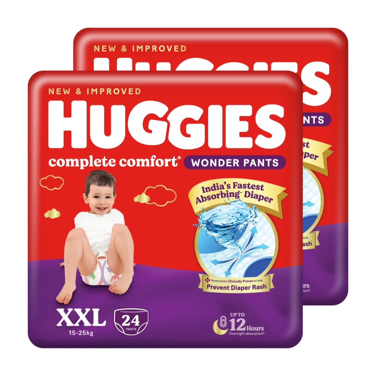 Huggies Complete Comfort Wonder Pants | Pant Style Baby Diapers Double Extra Large (Xxl) Size, 48 Count | IndiaS Fastest Absorb