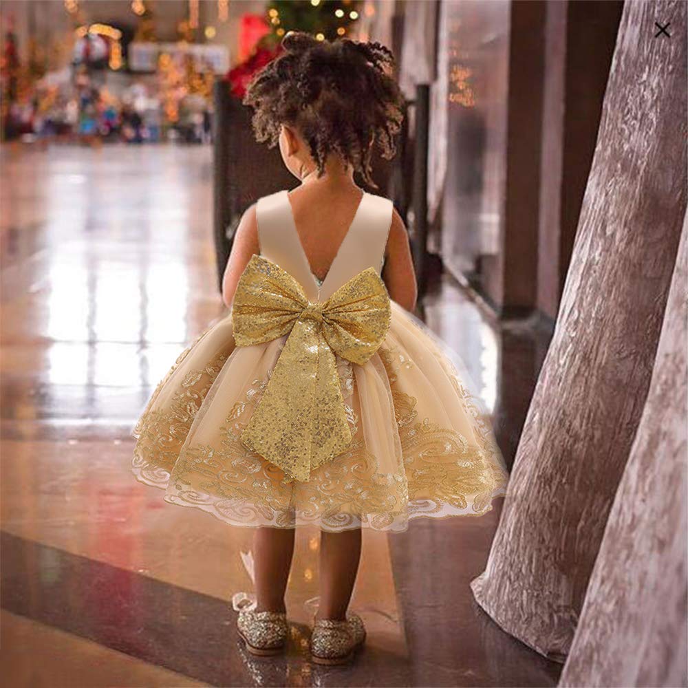 Baby Girls Embroidery Lace Dresses Toddler Ruffles Infant Easter Tutu Birthday Dress With Headwear (Golden,70)