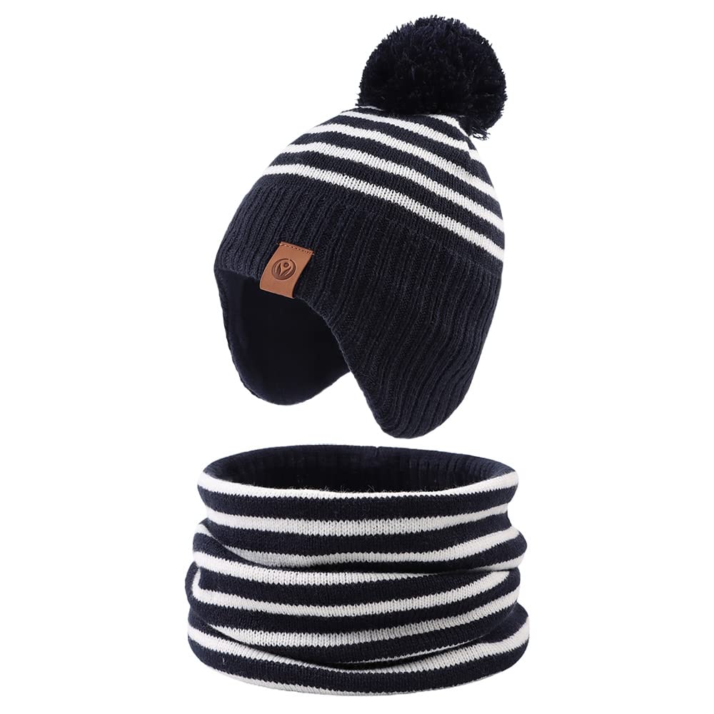 Jangannsa Knitted Baby Hat Scarf Set Winter Warm Boys Girls Beanie Fleece Lining Toddler Kids Hats With Pompom(Striped Navy(Hat+