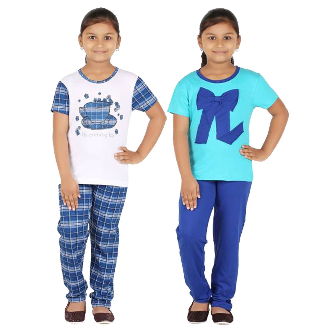 FICTIF Kid Girls Top & Pyjama Set (2FG303CHTI White & Blue,Light Blue& Dark Blue) Pack of 2 (1314 Years)