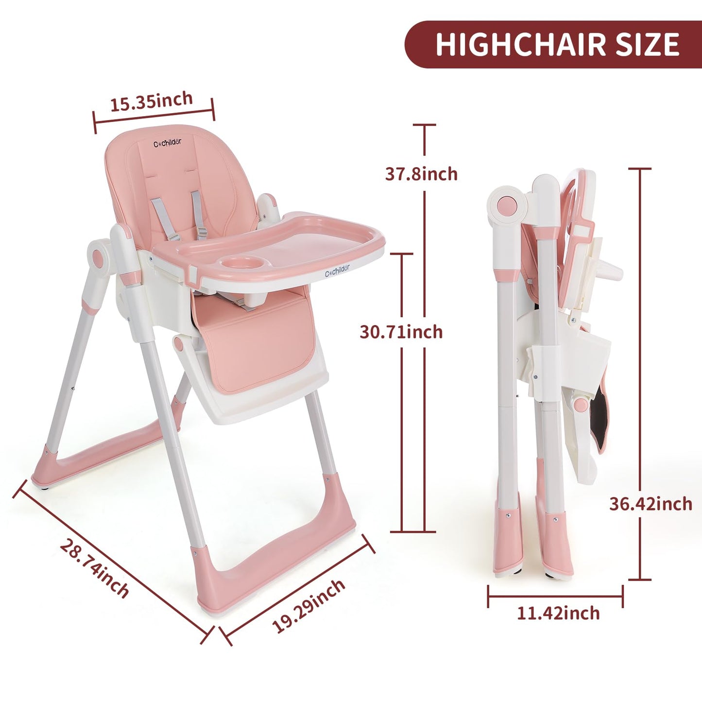 Cochildor 3-In-1 Foldable High Chair For Babies & Toddlers - Adjustable Height, Reclining Seat, 5-Point Safety Harness, Removabl