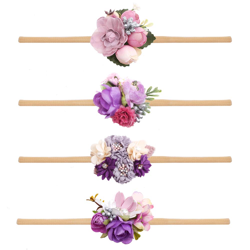 Cherrboll 4Pcs Baby Girl Headbands Flowers, Super Soft & Stretchy Nylon Floral Hairbands For Newborn Toddler