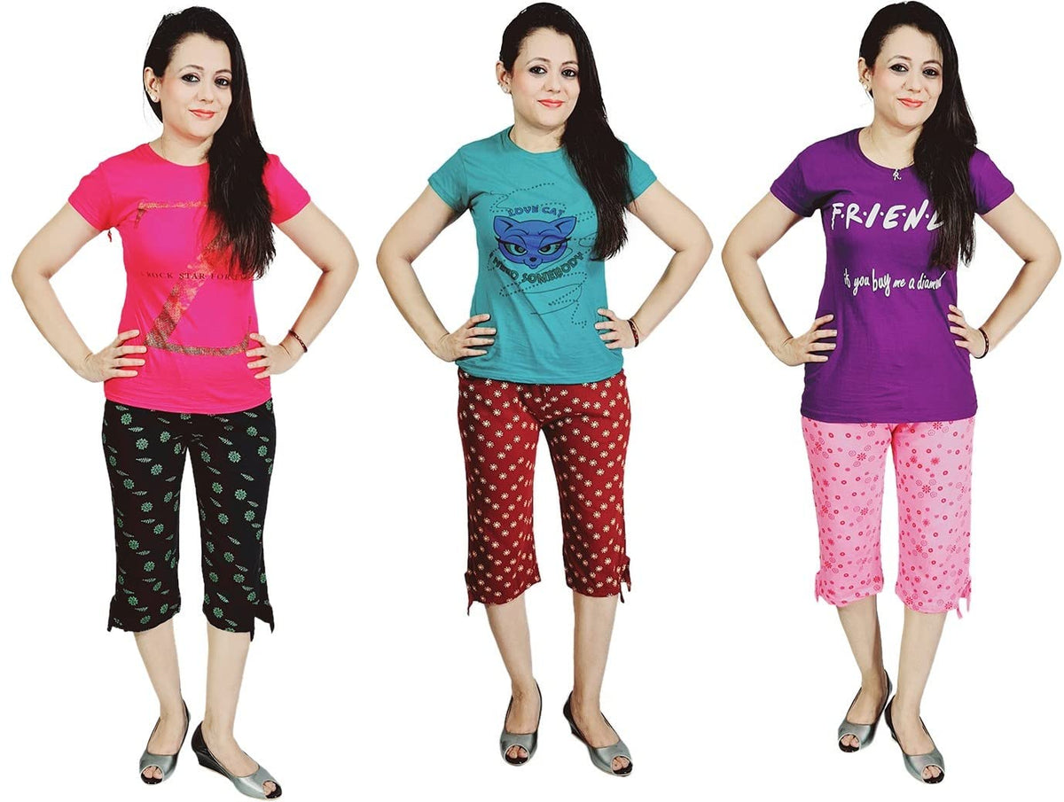 MUKHAKSH (Pack of 3 Sets = 3 Tops + 3 Capris Girls Printed Roatary Night Suit Tops + Capris 3/4, Print May Varyvery Comfortale M
