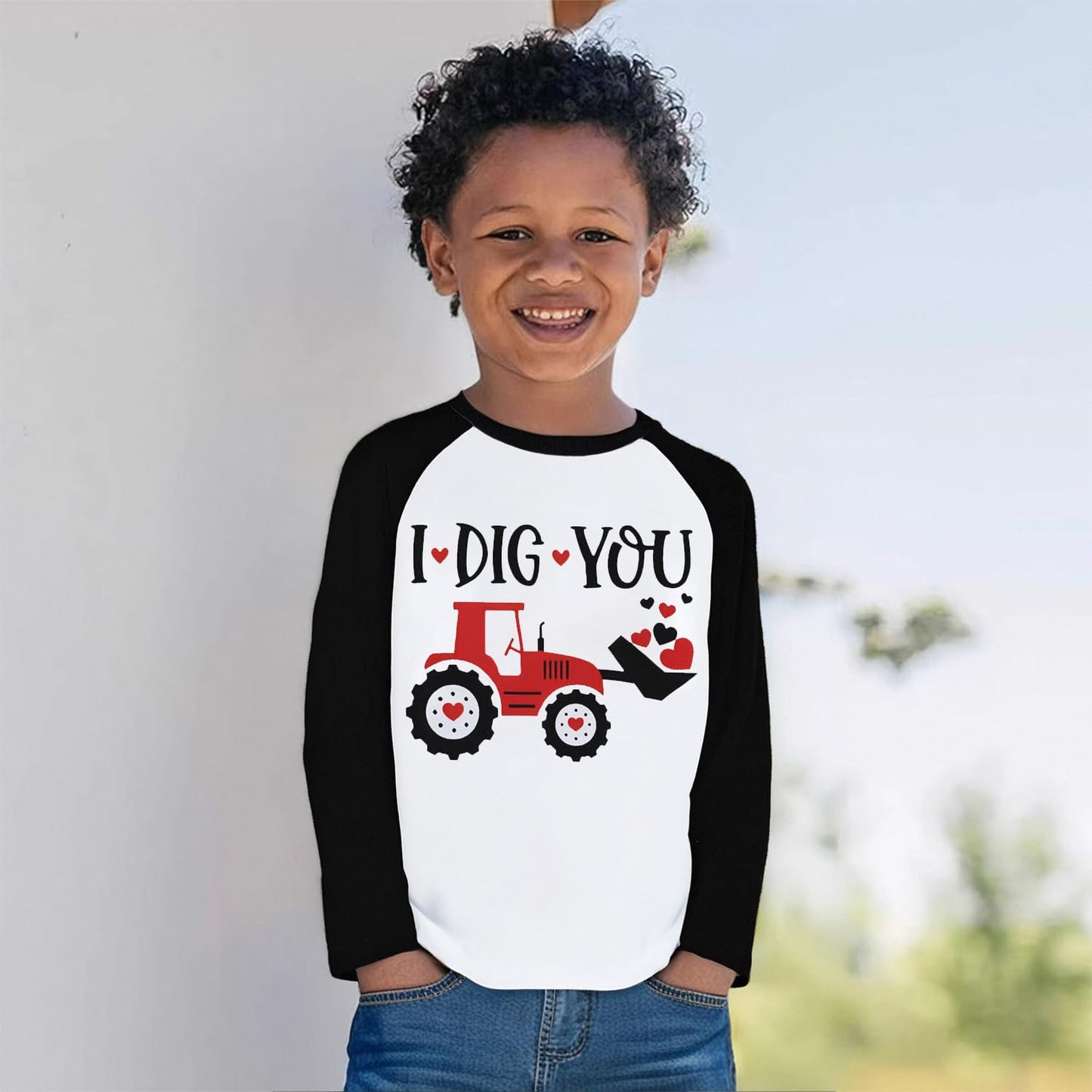 Toddler Boy Valentine'S Day Shirts Raglan Long Sleeve Tee Tops Kids Love Heart Tractor Graphic Clothes 6 Years