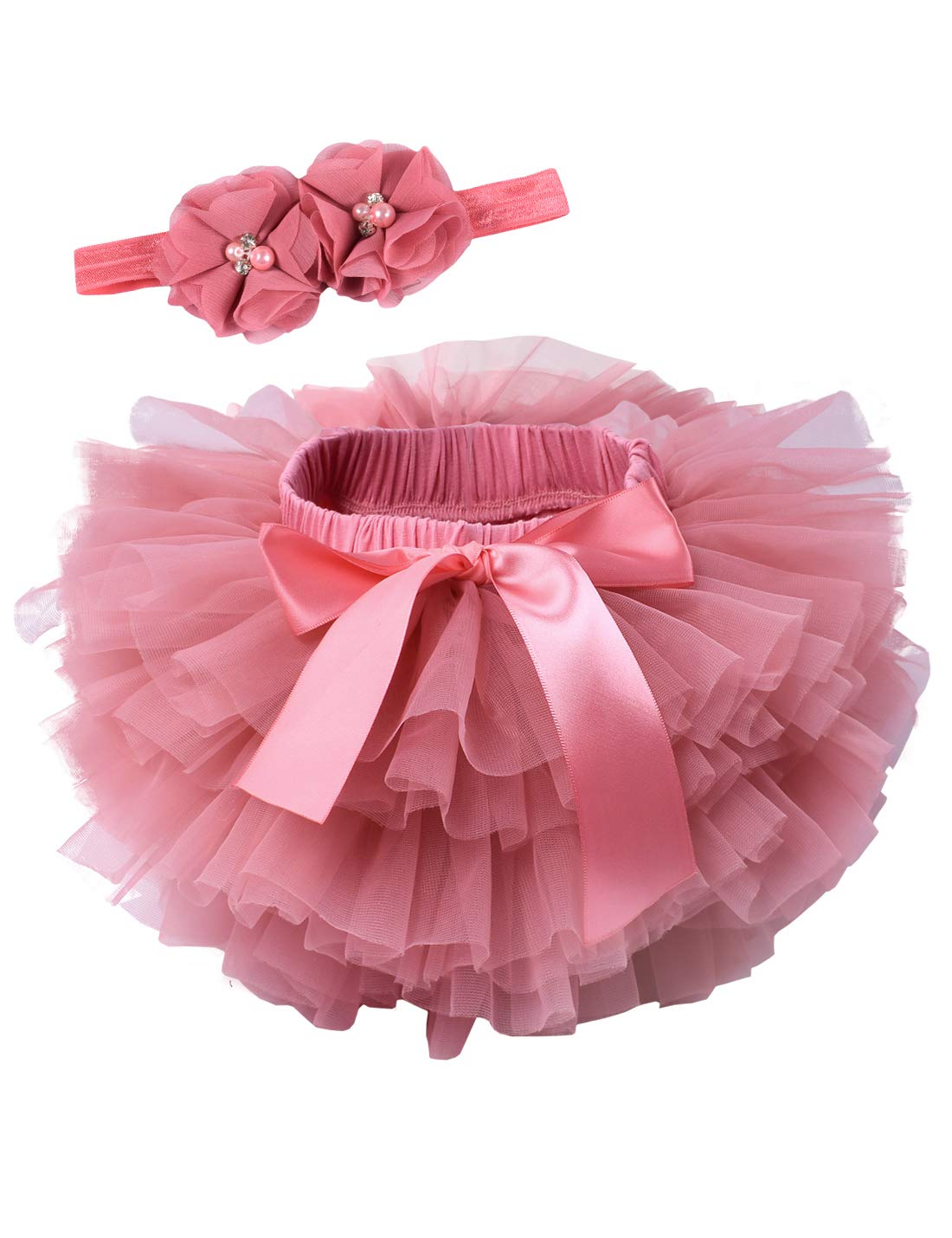 Baby Girls Tutu Bloomers Diaper Cover Cotton Tulle Bloomers And Headband Set Coral 6-12 Month