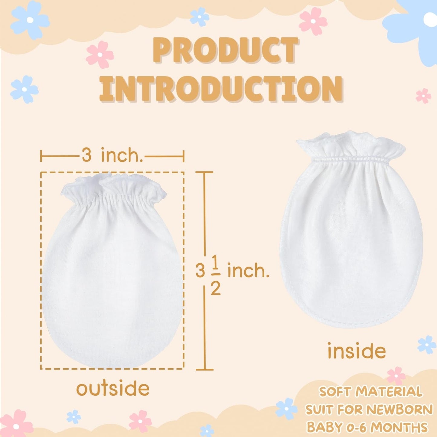 Rative Newborn Baby Cotton Gloves Sleep Sleeping No Scratch Mitten Mittens Mitts Set For 0-3 0-6 Months Boy Boys Girl Girls (6Wh