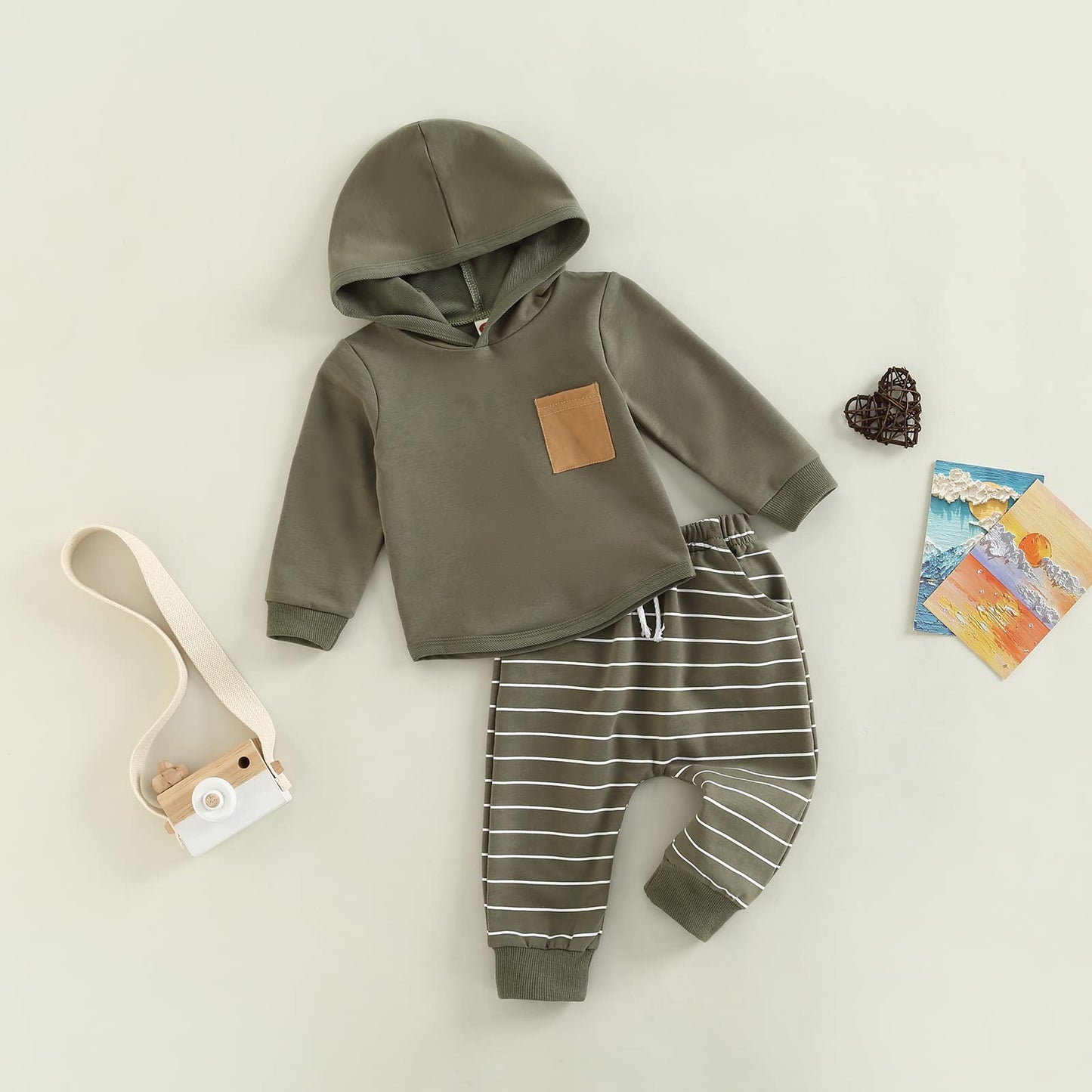 Baby Boy Clothes 3 6 9 12 18 24M 3T Pants Set Hooded Patchwork Hoodie Striped Sweatpants Fall Winter Outfit (C-Army Green, 0-6 M