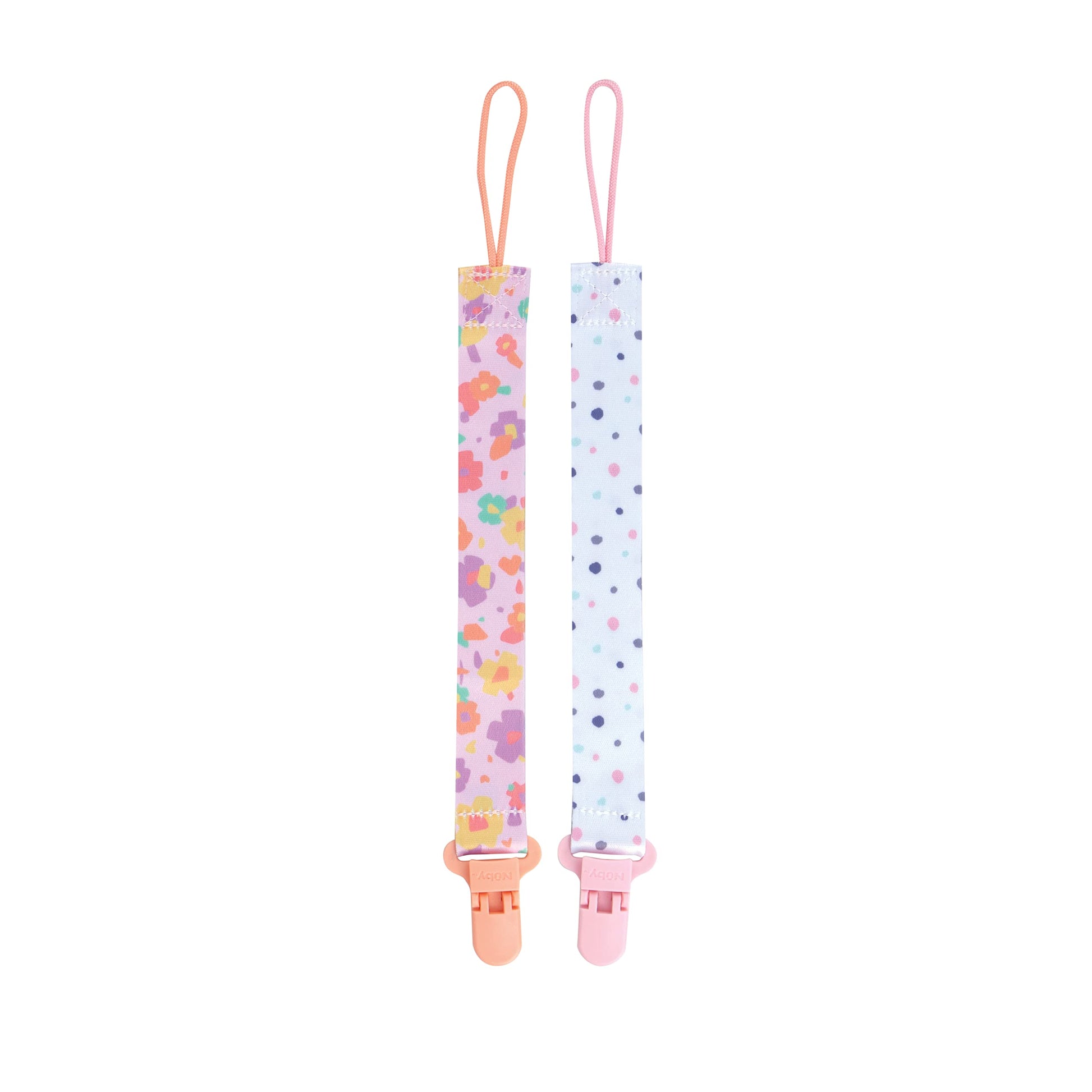 Nuby Pacifinder Baby Pacifier Clip - (24-Pack) - Pacifier Holder Clip with Convenient Hook Loop - Flowers and Polka Dots