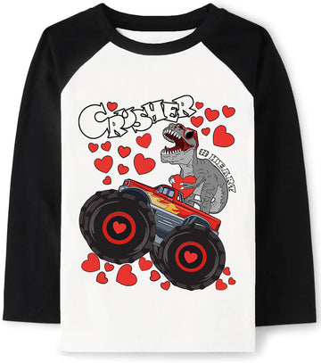 Tkria Kids Valentines Day Shirt Boys Girls Valentine'S Dinosaur Love Mom Graphic Tees Monster Truck Long Sleeve Tops Outfits 7T