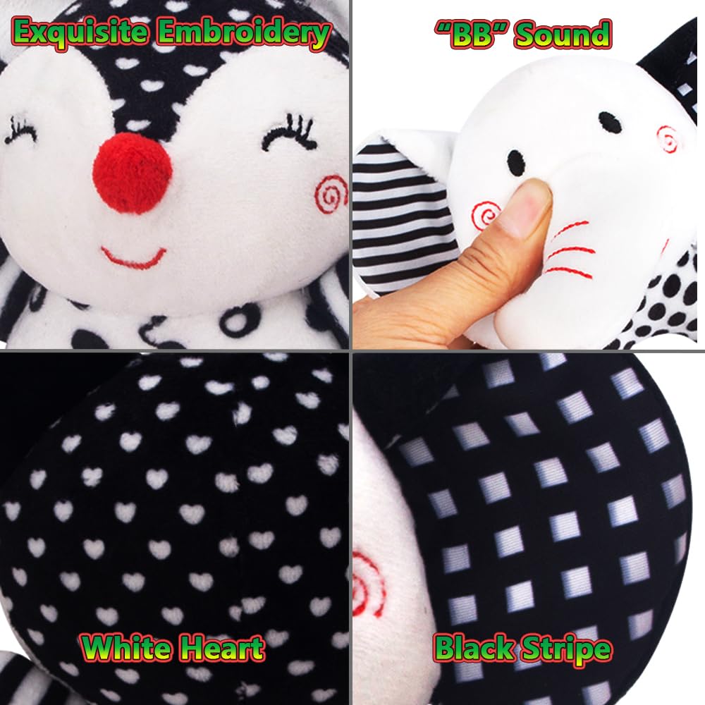 D-KINGCHY Baby Toys 0-12 Months, Black and White Newborn Toys, Soft Plush Rattle Stuffed Animal Toy with Teether and Sound, Deve