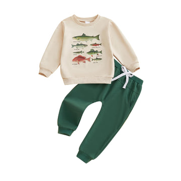 Fernvia Toddler Baby Boy Fall Clothes Animal Print Long Sleeve Pullover Tops + Drawstring Pants Winter Outfits (C-Green Fish, 12