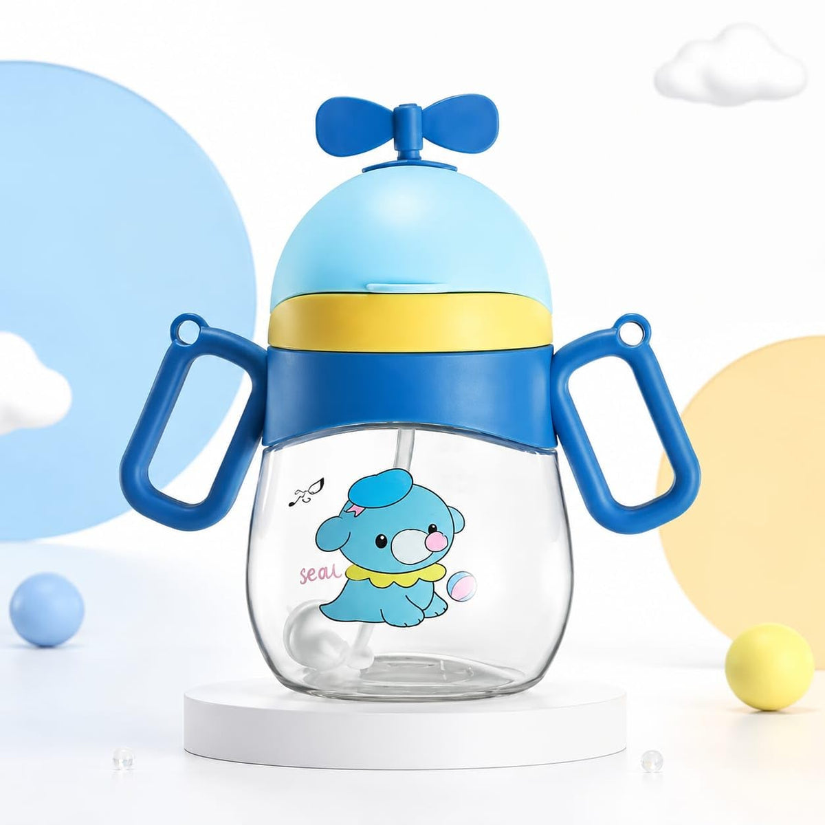 Mini Berry Kids Sippy Cup with Dual Handles, Blue, Cartoon Seal Design, Straw Drinking Bottle for Toddlers (Pink, 03)