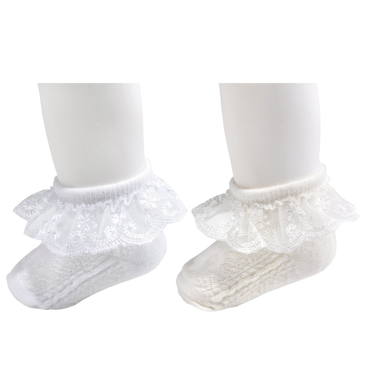 Epeius Baby-Girls Eyelet Frilly Lace Socks Cotton Rich Infant Girl Princess Ankle Socks White/Ivory(Pack Of 2) 6-12 Months