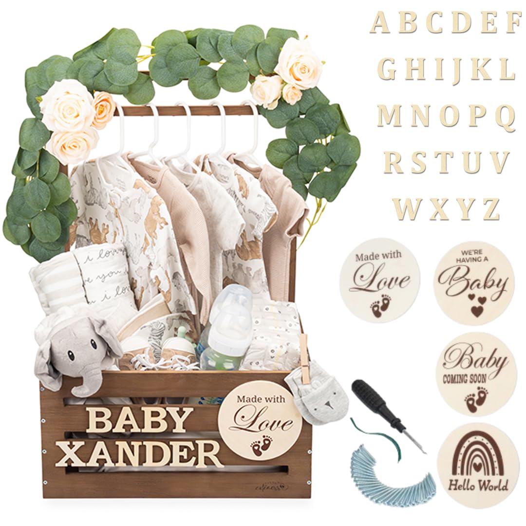 Little Cuteness Wooden Baby Shower Crate Closet - Rustic Brown, Personalized Baby Gift Basket with Dual Rod System, Easy Assembl