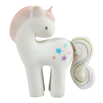 Tikiri Fairytales Cotton Candy Unicorn Natural Rubber Rattle with Crinkle Tail (White)