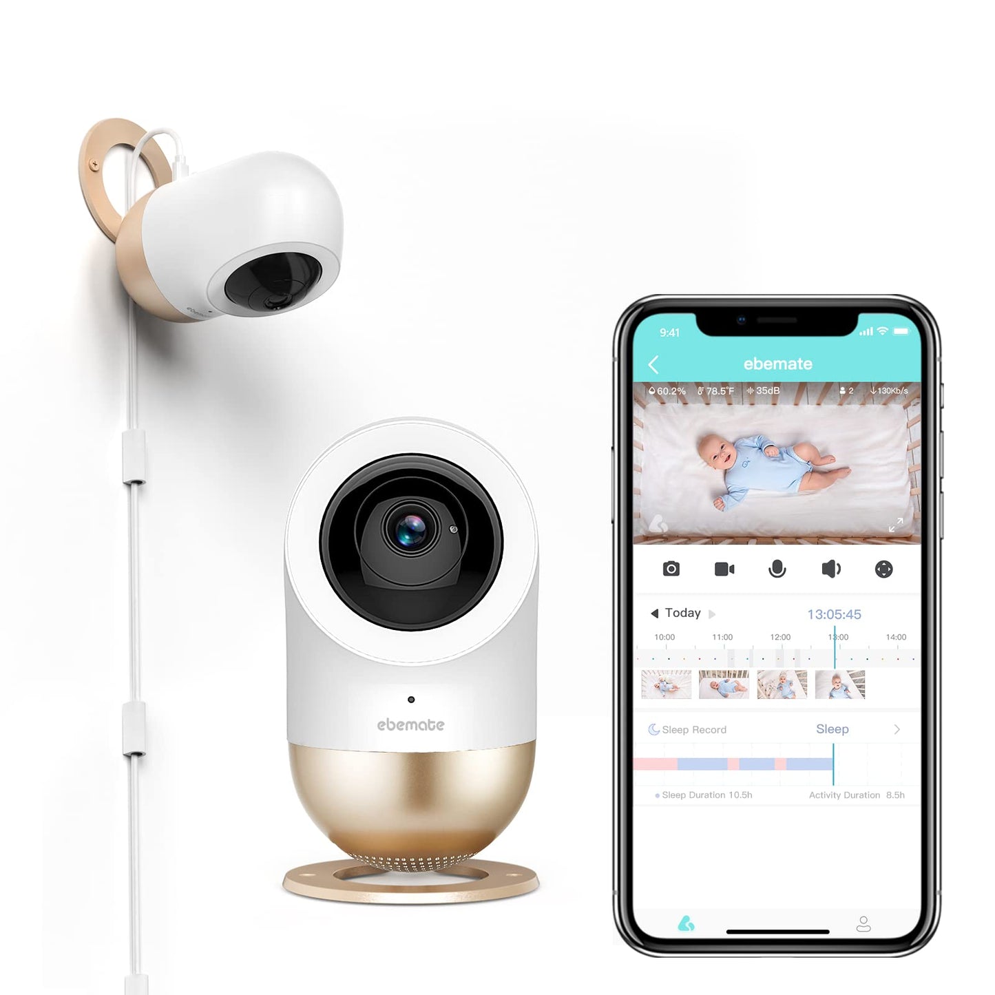 Ebemate 1080P Smart Baby Monitor Camera,Ai Video Baby Monitor With Hd Video & Audio No Glow Night Vision,Soft Night Light,Temp &