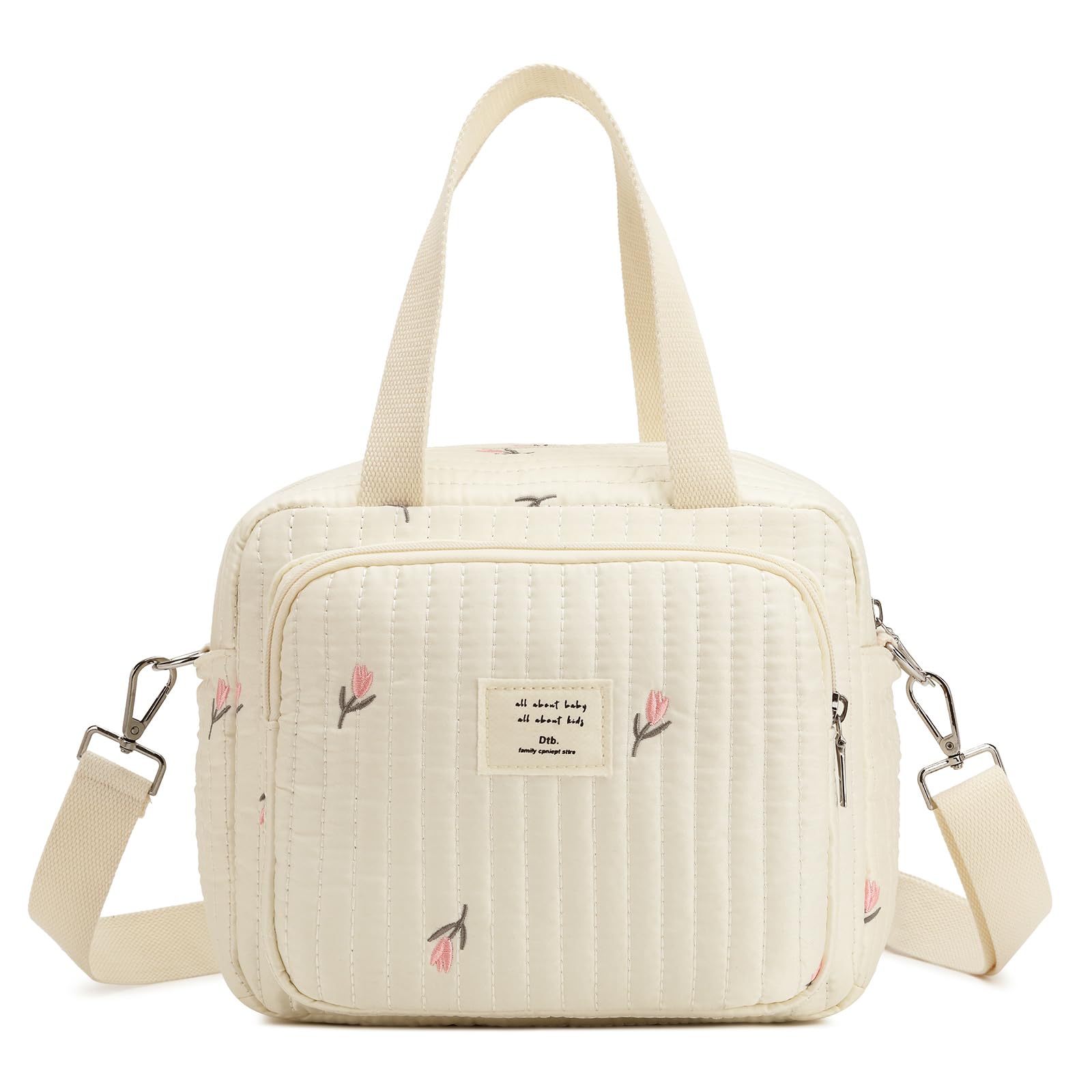 Small Diaper Bag Tote, Crossbody Diaper Bag Mini Purse with 7 Pockets, Travel Baby Bag for boys & Girls, 2 Bottle pocket, Off wh
