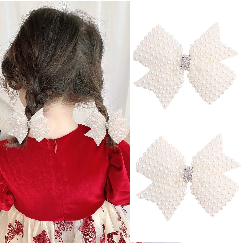 Double Layer Pearl Hair Bows For Girls, White Butterfly Flower Alligator Hair Bow Clip Wedding Rhinestone Hair Accessories For B