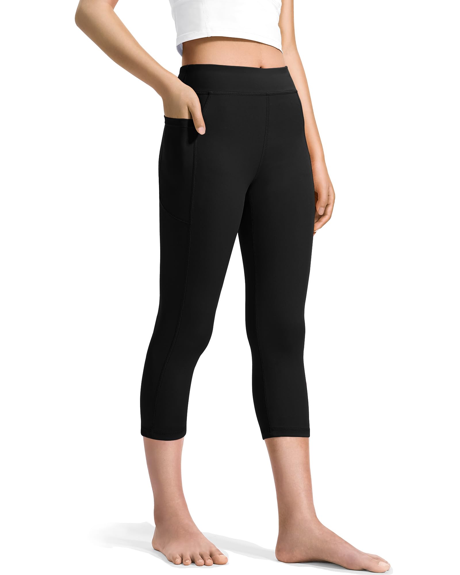 JOCMIC Girls Capri Leggings High Waisted Athletic Leggings with Pockets for Kids Dance Gymnastics Running, Black, 1112 Years