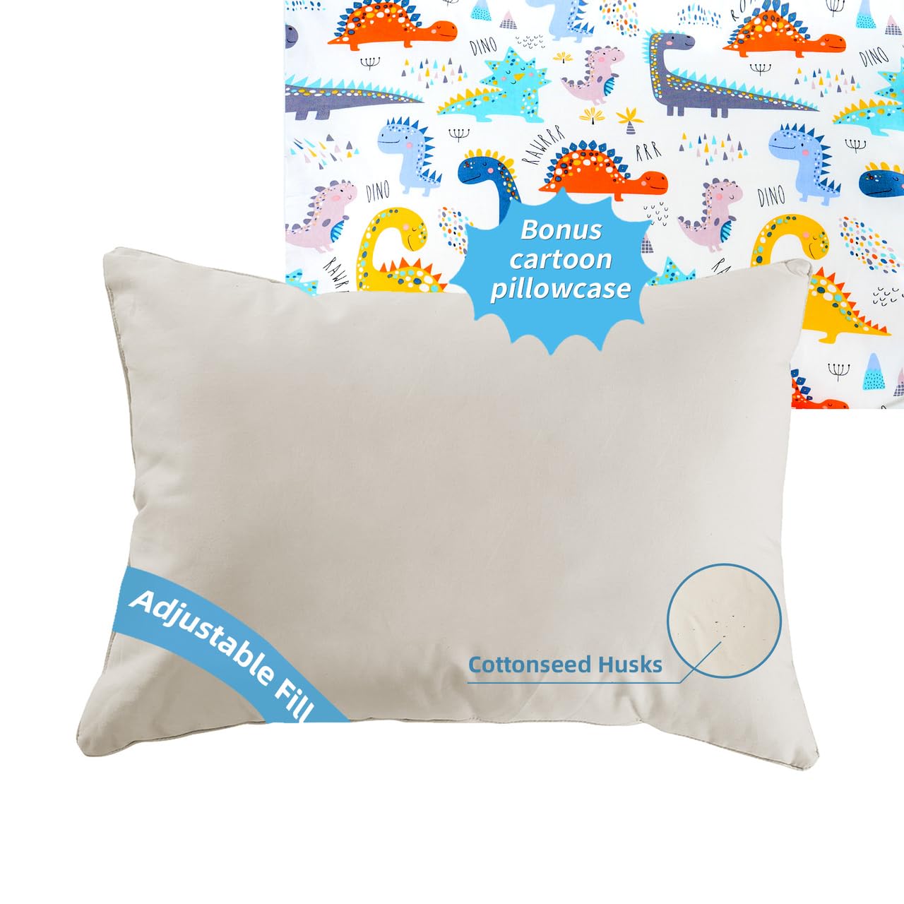 Lofe Organic Pillow With Cartoon Pillowcase - 16X22 Kids Pillow With 100% Organic Cotton Shell, Adjustable Loft Organic Youth Pi