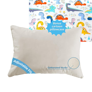 Lofe Organic Pillow With Cartoon Pillowcase - 16X22 Kids Pillow With 100% Organic Cotton Shell, Adjustable Loft Organic Youth Pi