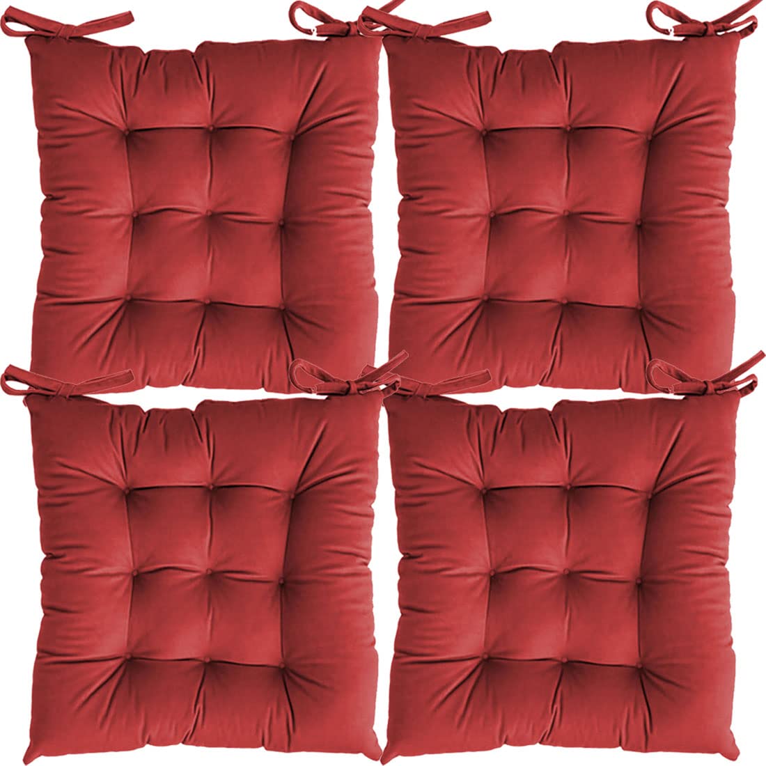 Linenovation Microfiber Square Chair Pad/Cushion for Office, Home or Car Sitting with Ties24 Inch X 24 InchRedSet of 4
