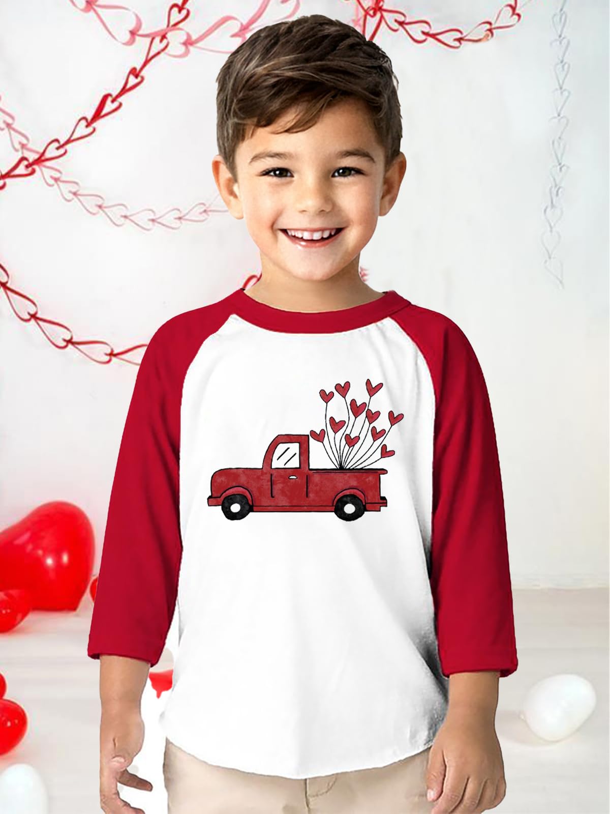 Yzmi Valentines Day Shirt Toddler Boy Girl Raglan 3/4 Sleeve Valentines Outfit Truck Love Heart Graphic Tee Tops Red 2-3T