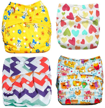 Jingle Kids Pack Of 4 Baby Printed Pocket Style Button Reusable Adjustable Cloth Diaper (Design 14)