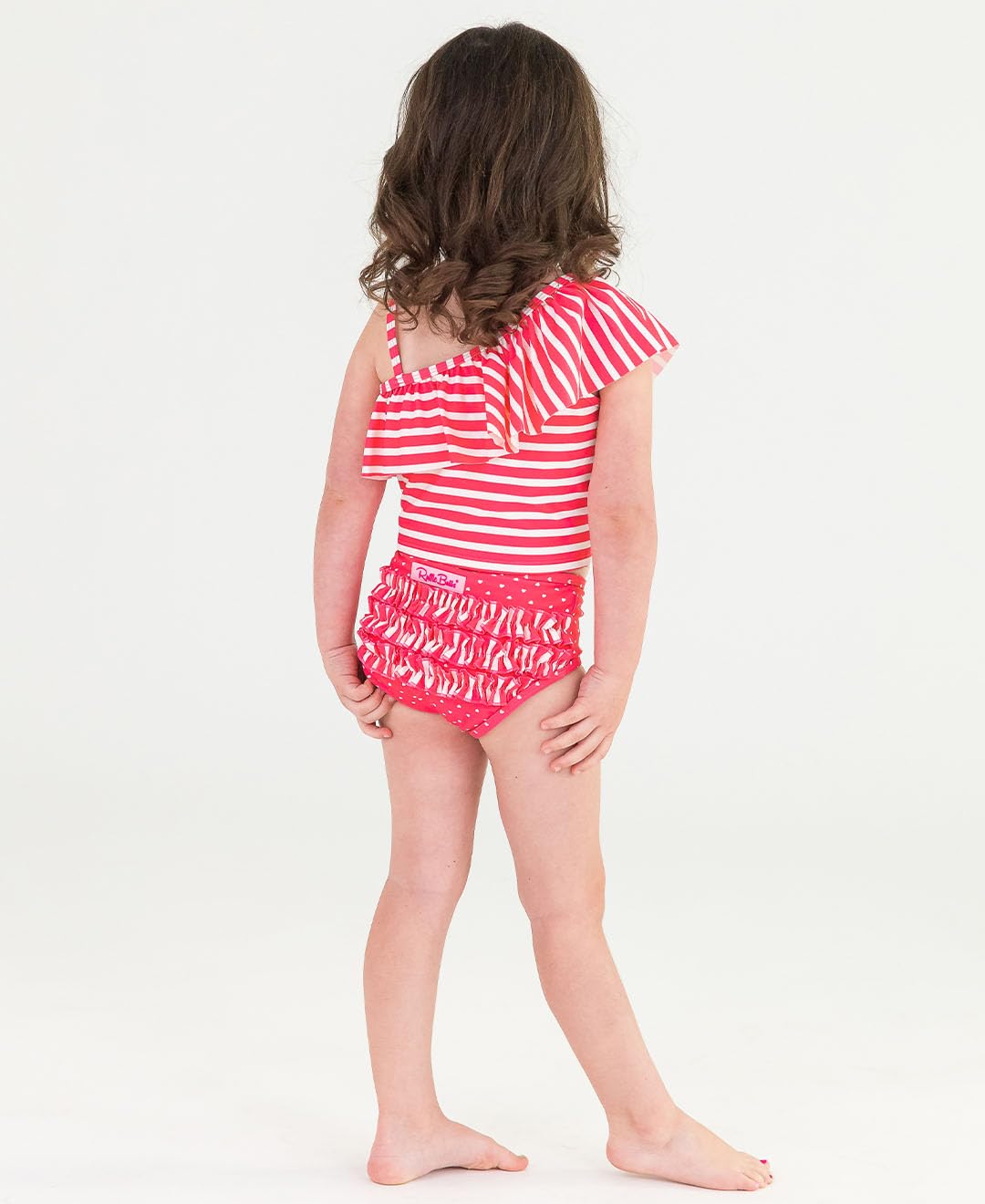Rufflebutts - Hot Pink Heart One Shoulder Ruffle Tankini - 2T