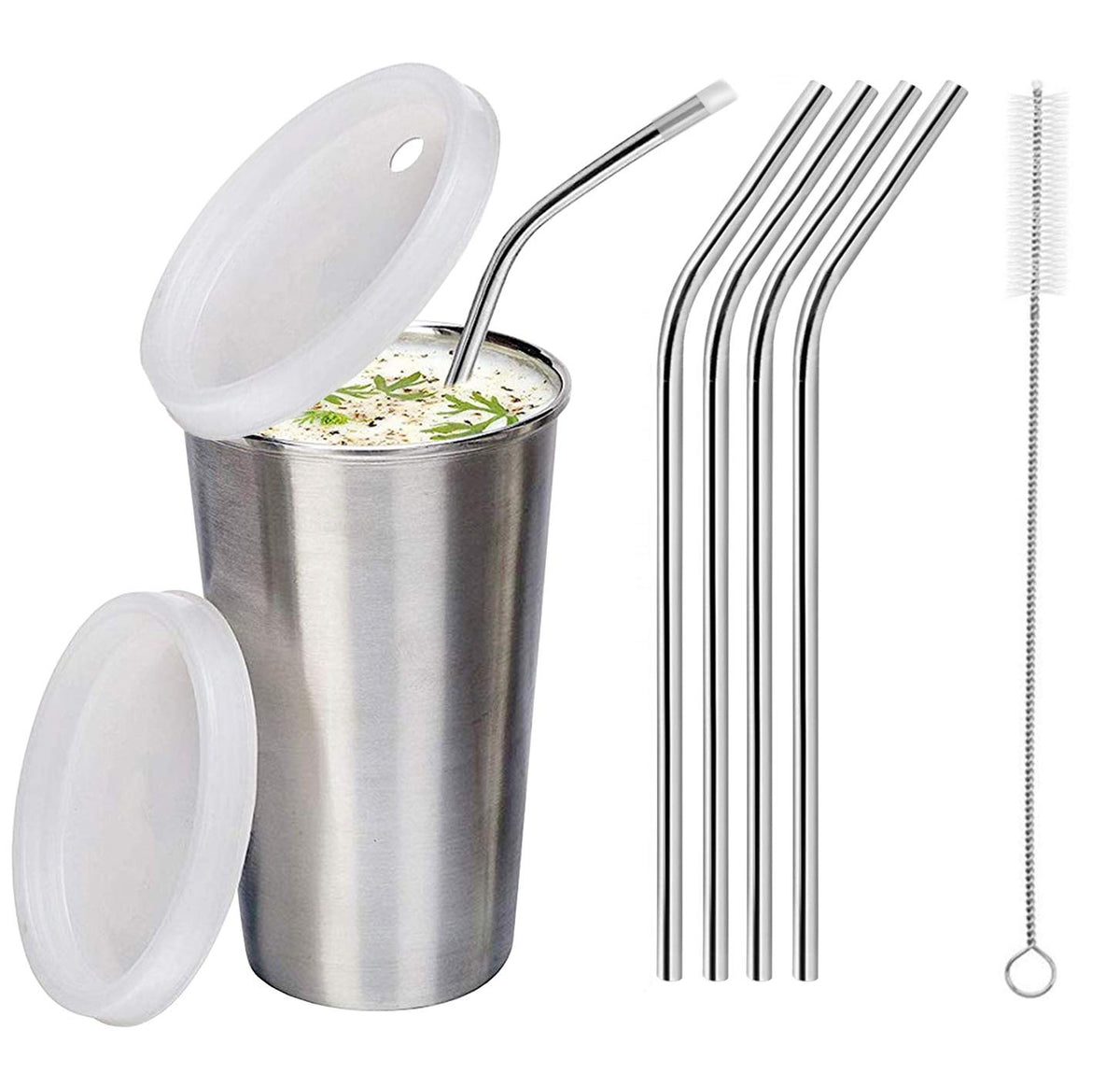 Parabrahma Stainless Steel Sipper With Straw Glass With Gum Protection For Kids 4 Straw And 1 Cleaning Brush (370 Ml, 14 Years)