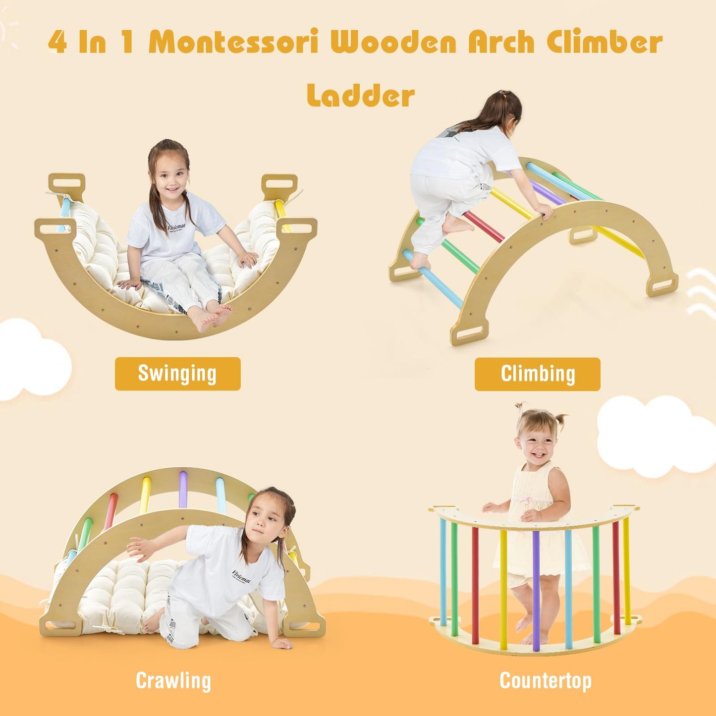 Infans 4 In 1 Arch Climbing Toys For Toddlers, Montessori Wooden Arch Climber Ladder Structure And Rocker With Cushion Pad, Wald
