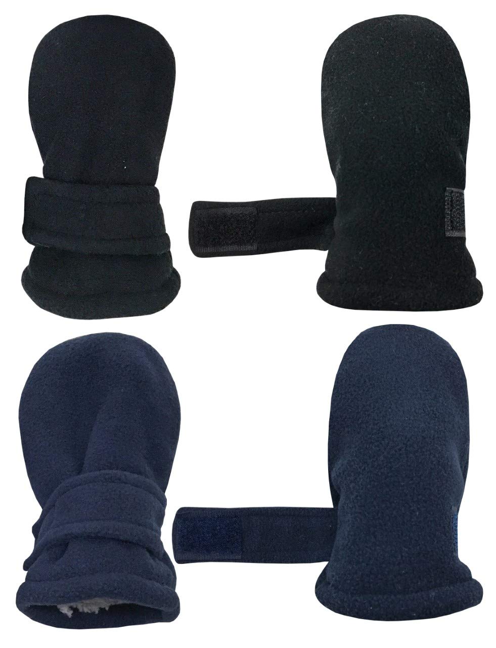 N'Ice Caps Baby Toddler Mittens Kids 2 Pairs Fleece Gloves Winter Warm Sherpa Lined (Black/Navy Pack - Infant No Thumbs, 3-6 Mon