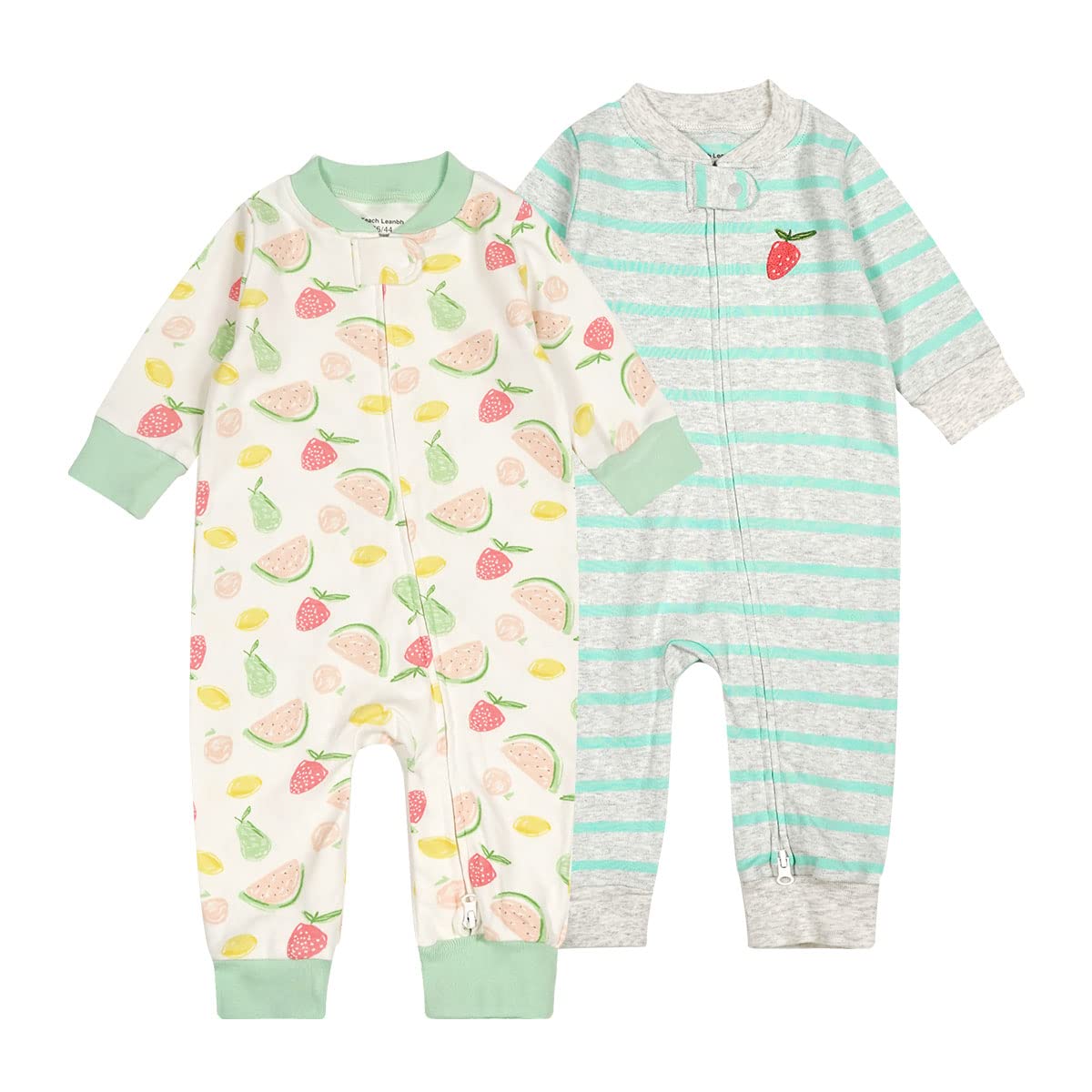 Teach Leanbh Baby 2-Pack 100% Cotton Romper Jumpsuits Two Way Zipper Long Sleeve Footless Sleep And Play (Pink Green Fruit, 3-6