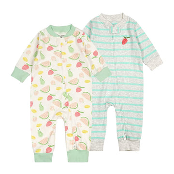 Teach Leanbh Baby 2-Pack 100% Cotton Romper Jumpsuits Two Way Zipper Long Sleeve Footless Sleep And Play (Pink Green Fruit, 3-6