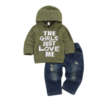 Fhutpw Toddler Baby Boy Outfits Hoodie Sweatshirts & Jeans Clothes Set Fall Winter 6 9 12 18 24 Months (A-Green, 18-24 Months)