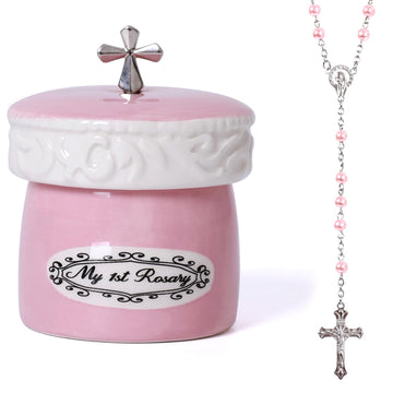 My First Rosary Cross For Girl Keepsake Box And Rosary Gifting Set, Pink