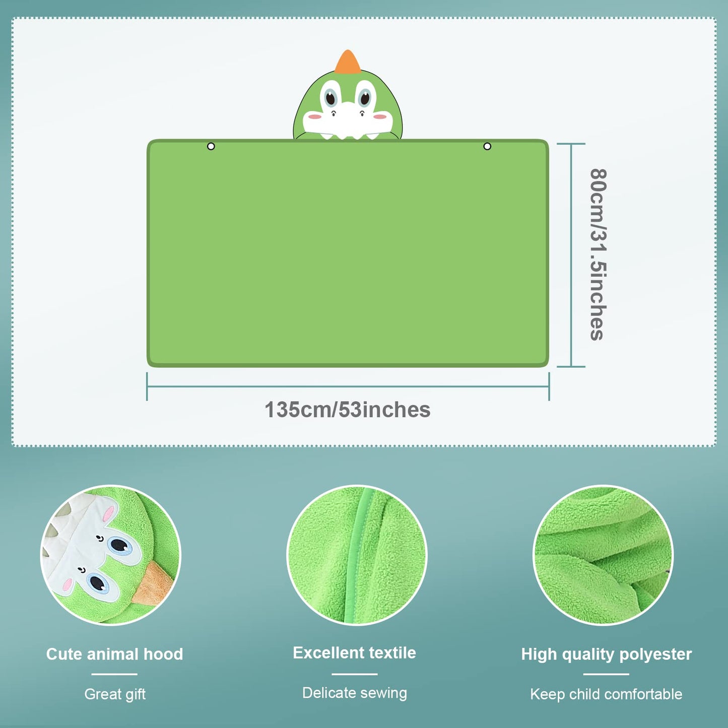Michley Cartoon Hooded Baby Towel Unisex, Premium Soft Swimming Bathrobe Large Washcloths 31.5 ' X 53 ' For 0-9T (Green Dinosa