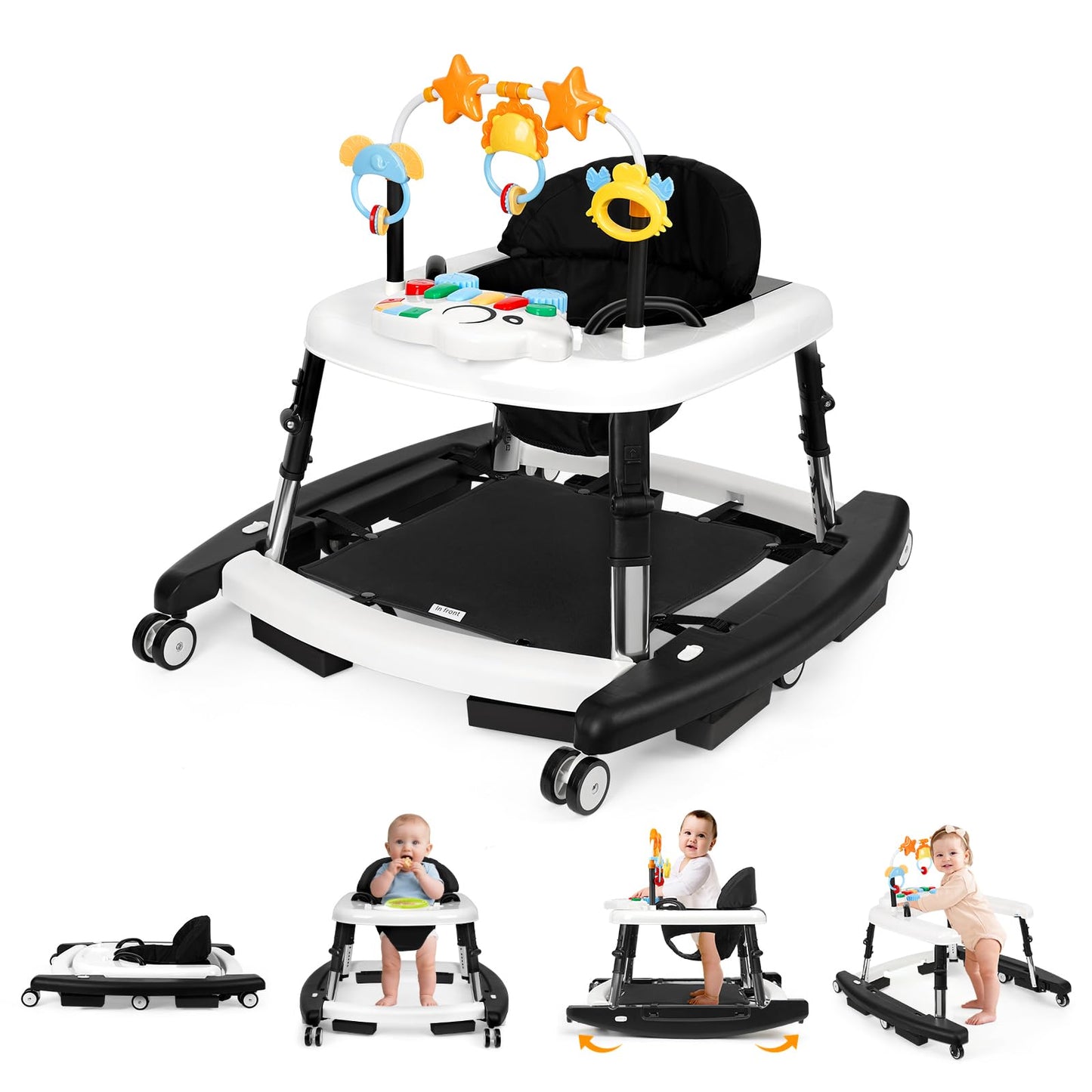 5 in 1 Baby Walker Foldable Music and Lights with 5 Adjustable Heights, Baby Walker with Wheels Portable, Infant Toddler Walker 