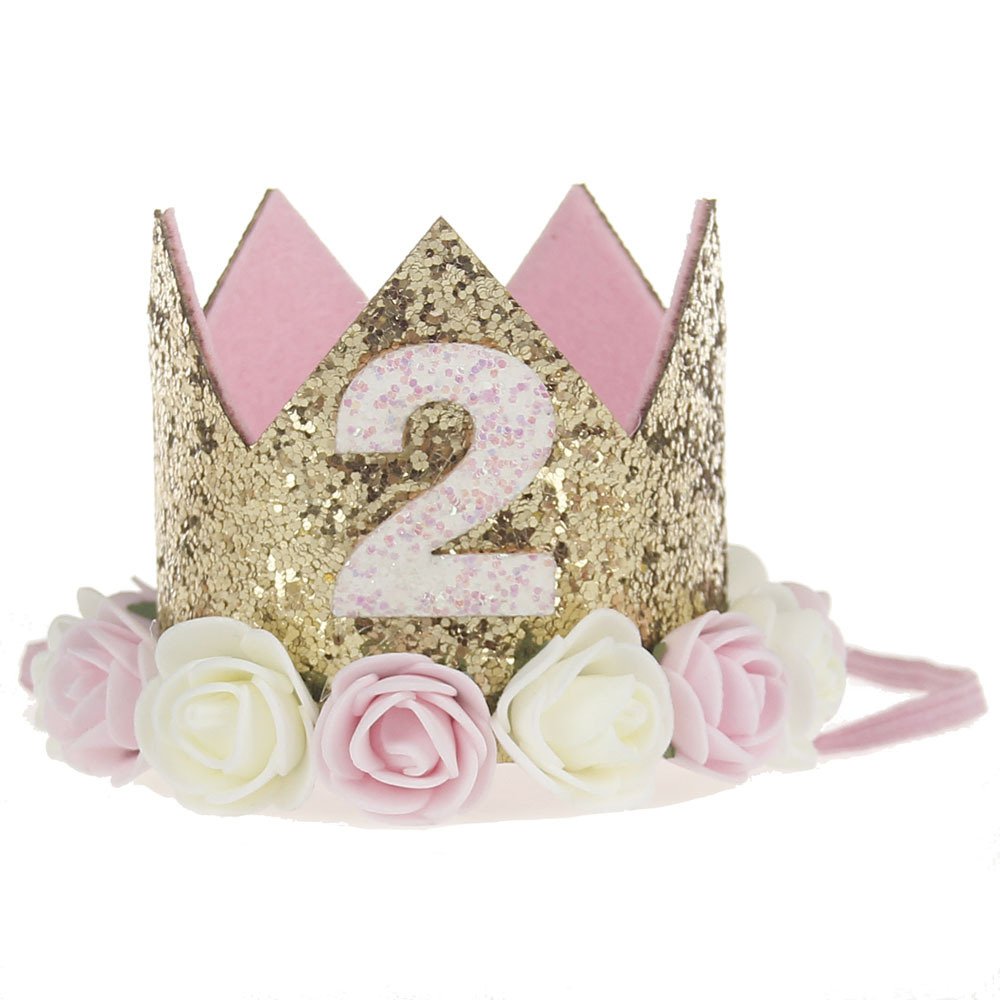 2Nd Baby Birthday Crown Flower Tiara Headband 2 Year Old Birthday Party Hat Hairbands Princess Photo Props Birthday Decorations
