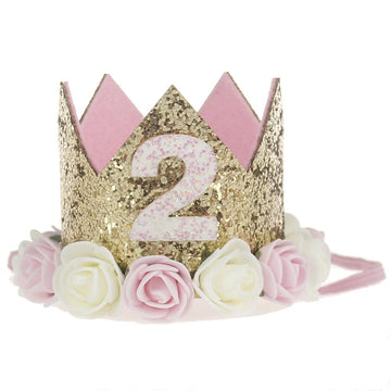 2Nd Baby Birthday Crown Flower Tiara Headband 2 Year Old Birthday Party Hat Hairbands Princess Photo Props Birthday Decorations