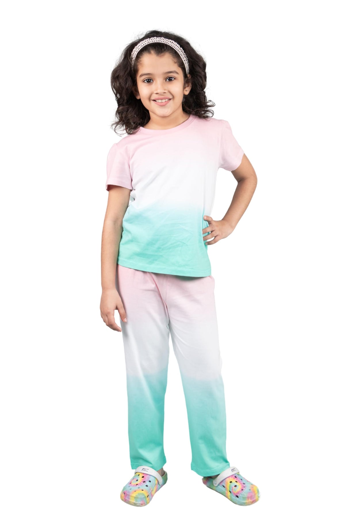 Tweeny Mini Kids Girls Pure Cotton Tie Dye Nightsuit | Coord Set | Sleepwear | Nightwear | Night Dress | Half Sleeves TShirt &