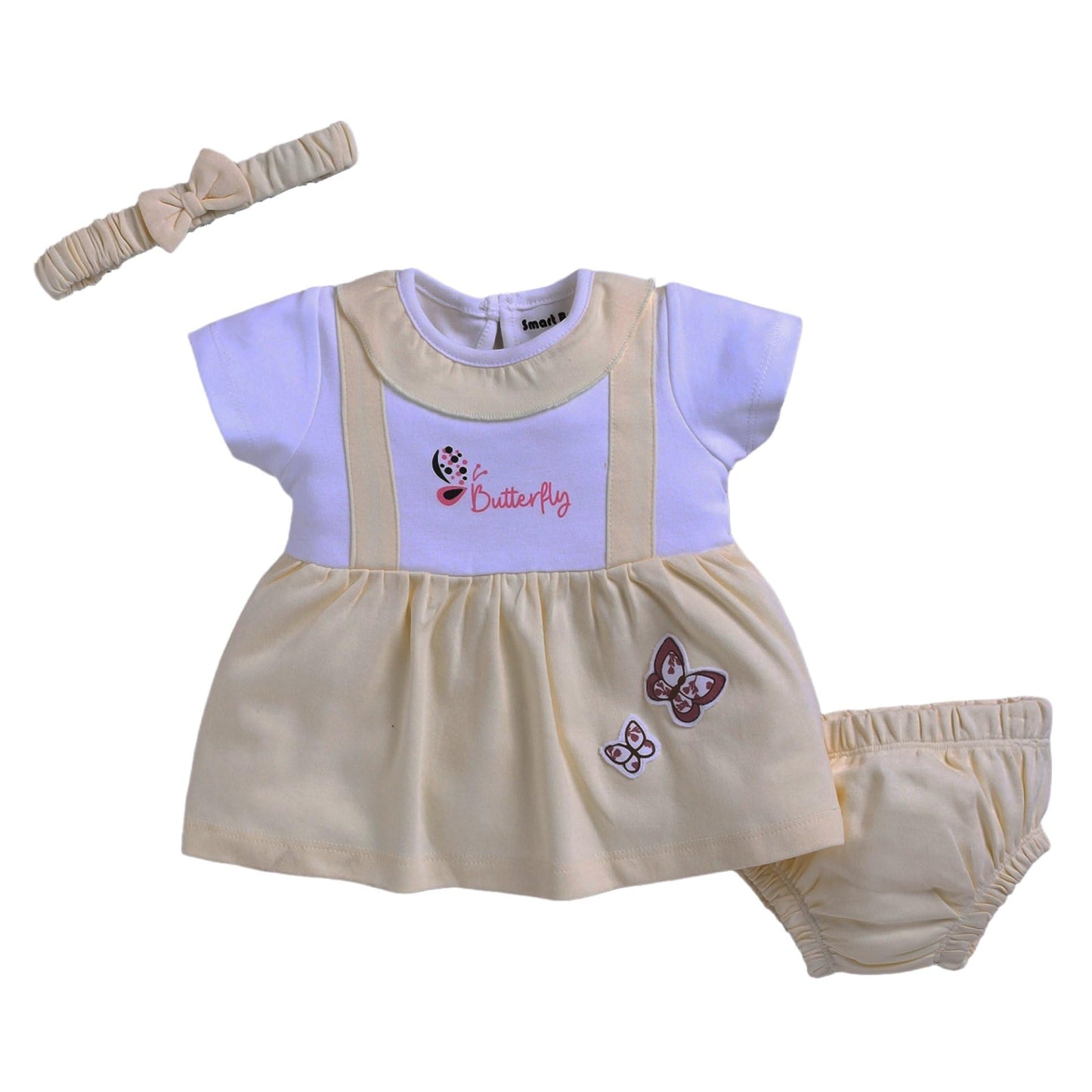 Smart Baby Interlock Cotton Frock Set For Baby Girl  Stylish Soft Dress With Bloomer & Headband | 912 Months | Yellow And Whit