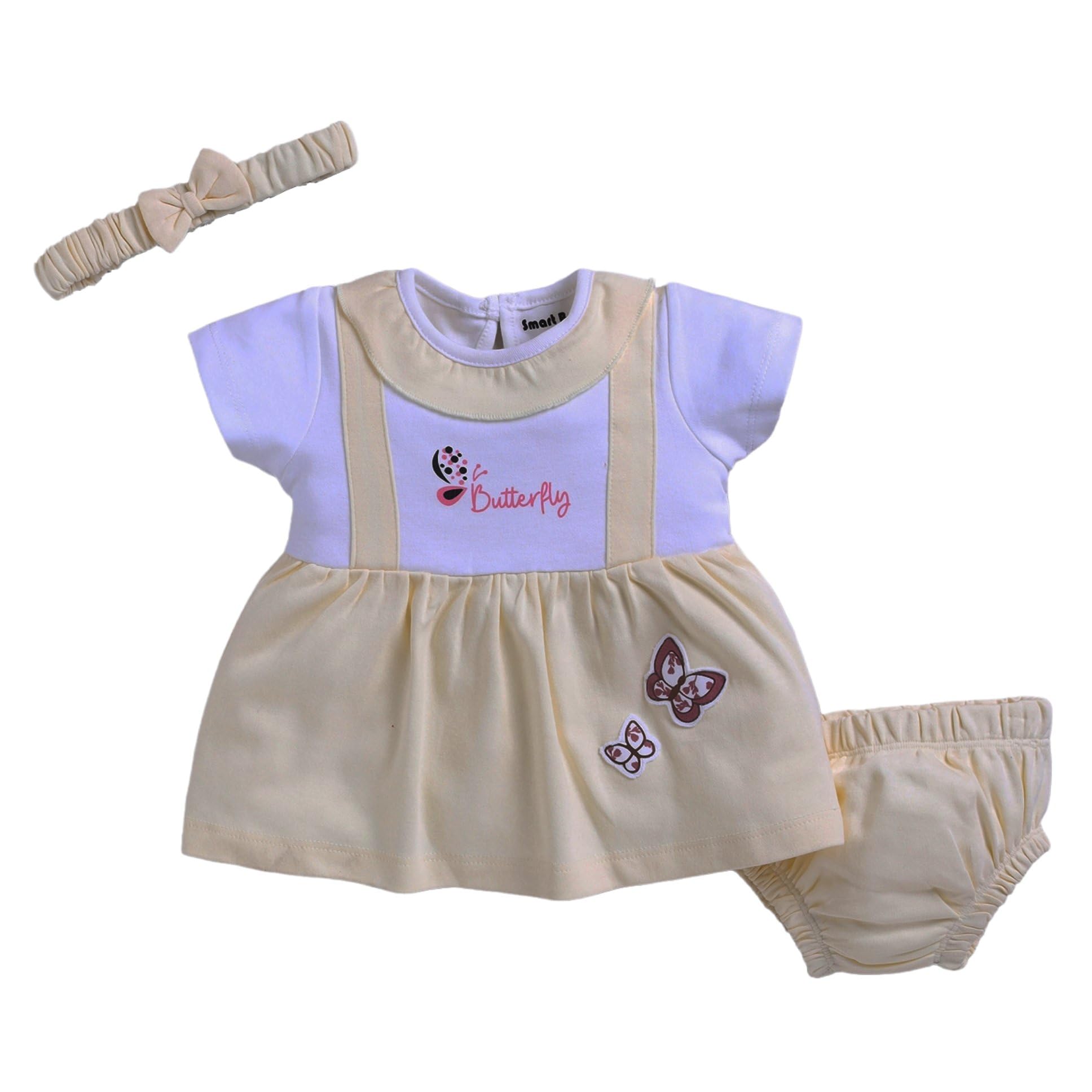 Smart Baby Interlock Cotton Frock Set For Baby Girl  Stylish Soft Dress With Bloomer & Headband | 912 Months | Yellow And Whit