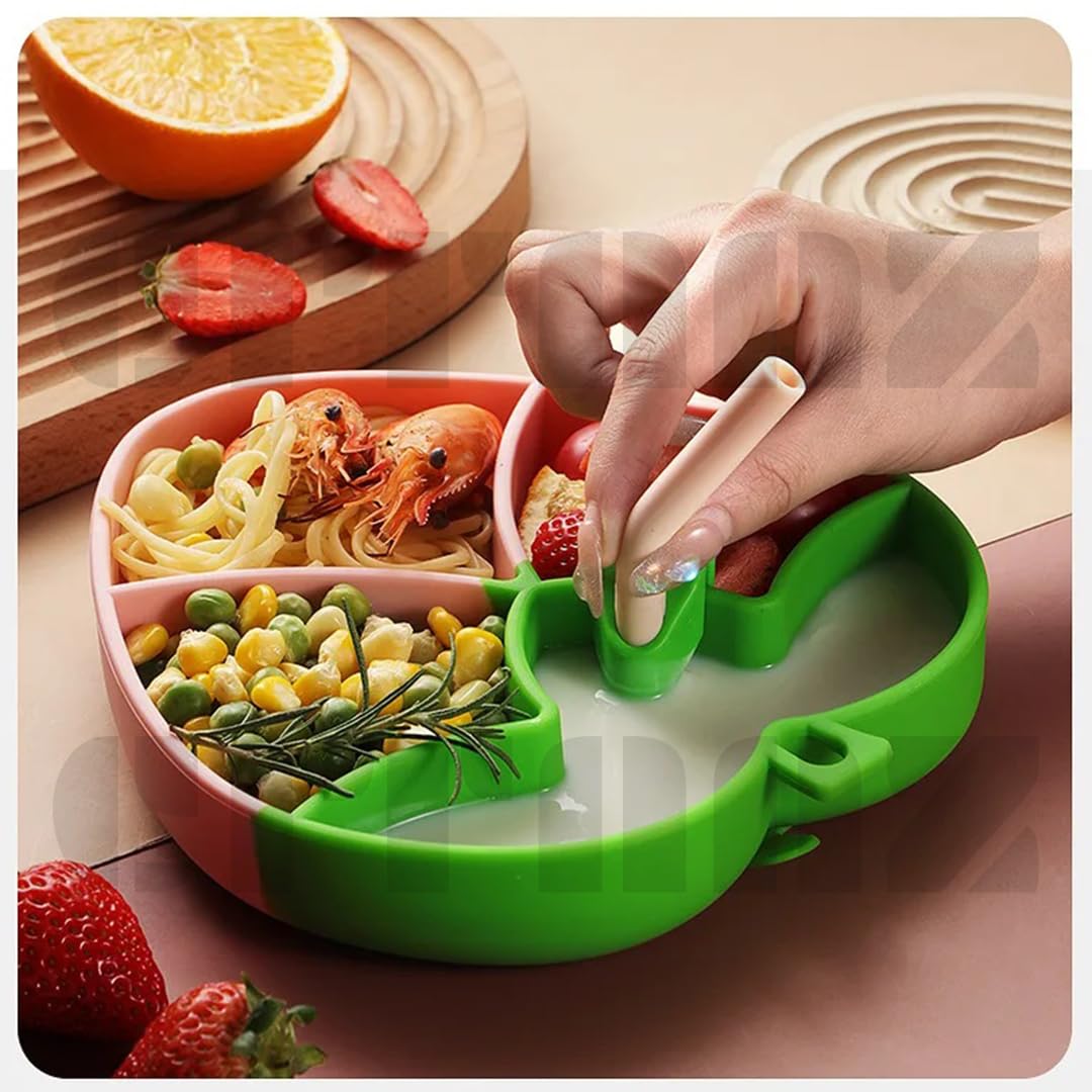 Citaaz Fruit Plate Silicone Baby Suction Food Cartoon Plates for Kids Dining Babies Dinnerware with Spoon Straw Brush for Pasta 