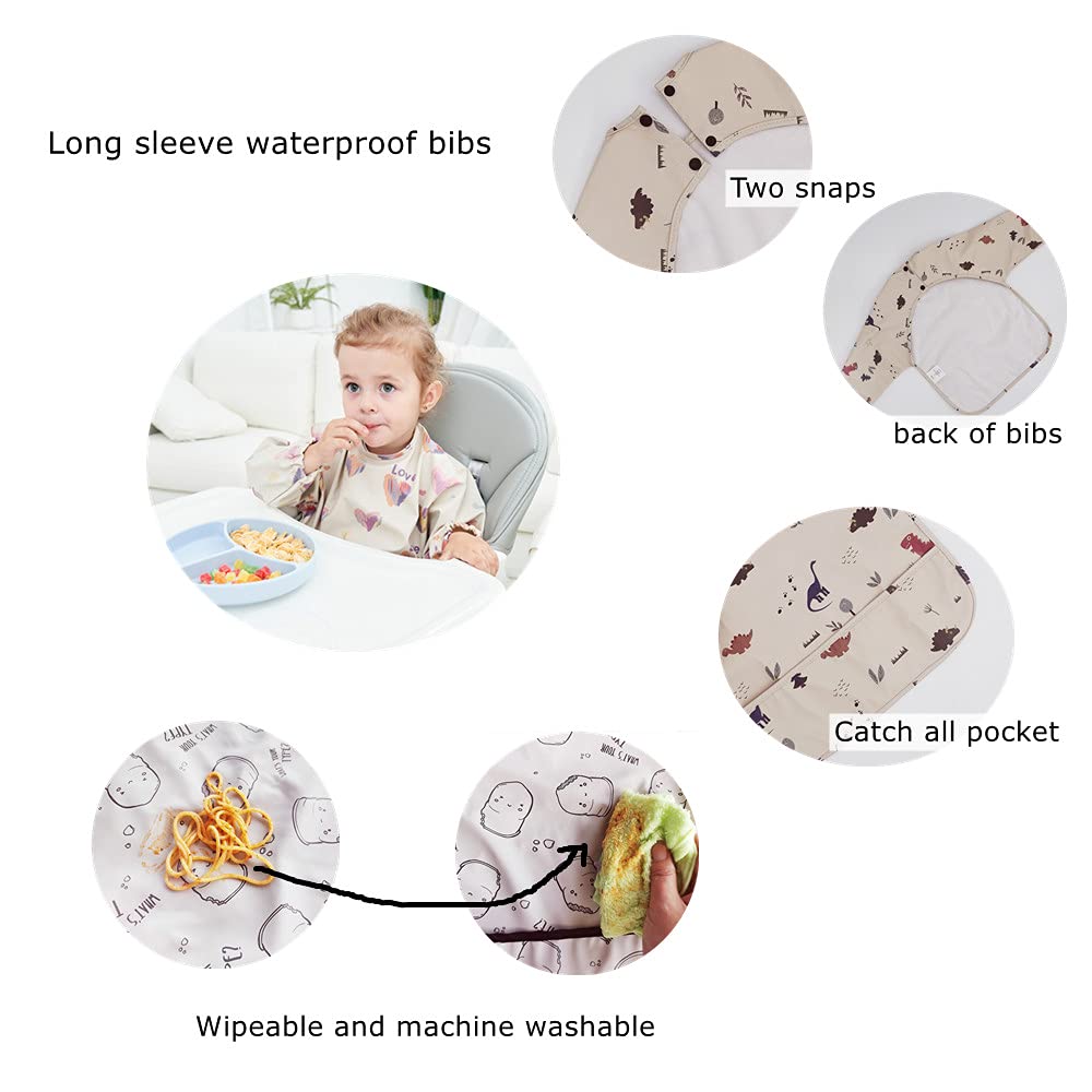 Gzmm Waterproof Baby Bibs,Infant Toddler Long Sleeve Feeding Bib With Food Catcher,Easy Clean & Washable