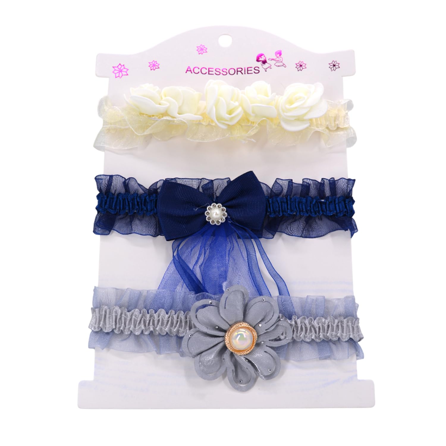 Syga Baby Headband Set Pack Of 3 For Girls (03 Years) | Soft Stretchable Rose Flower & Bow Hairbands | NonSlip Infant Toddler 