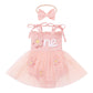 IBTOM CASTLE One Sweet Peach Birthday Decorations: Baby Girls Onederful 1st Birthday Outfit Spaghetti Straps Romper Dress with B