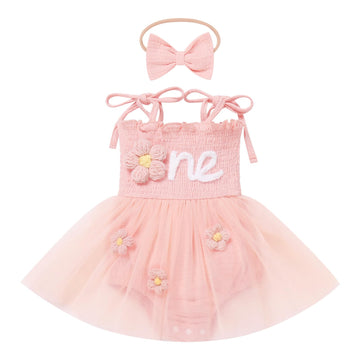 IBTOM CASTLE One Sweet Peach Birthday Decorations: Baby Girls Onederful 1st Birthday Outfit Spaghetti Straps Romper Dress with B