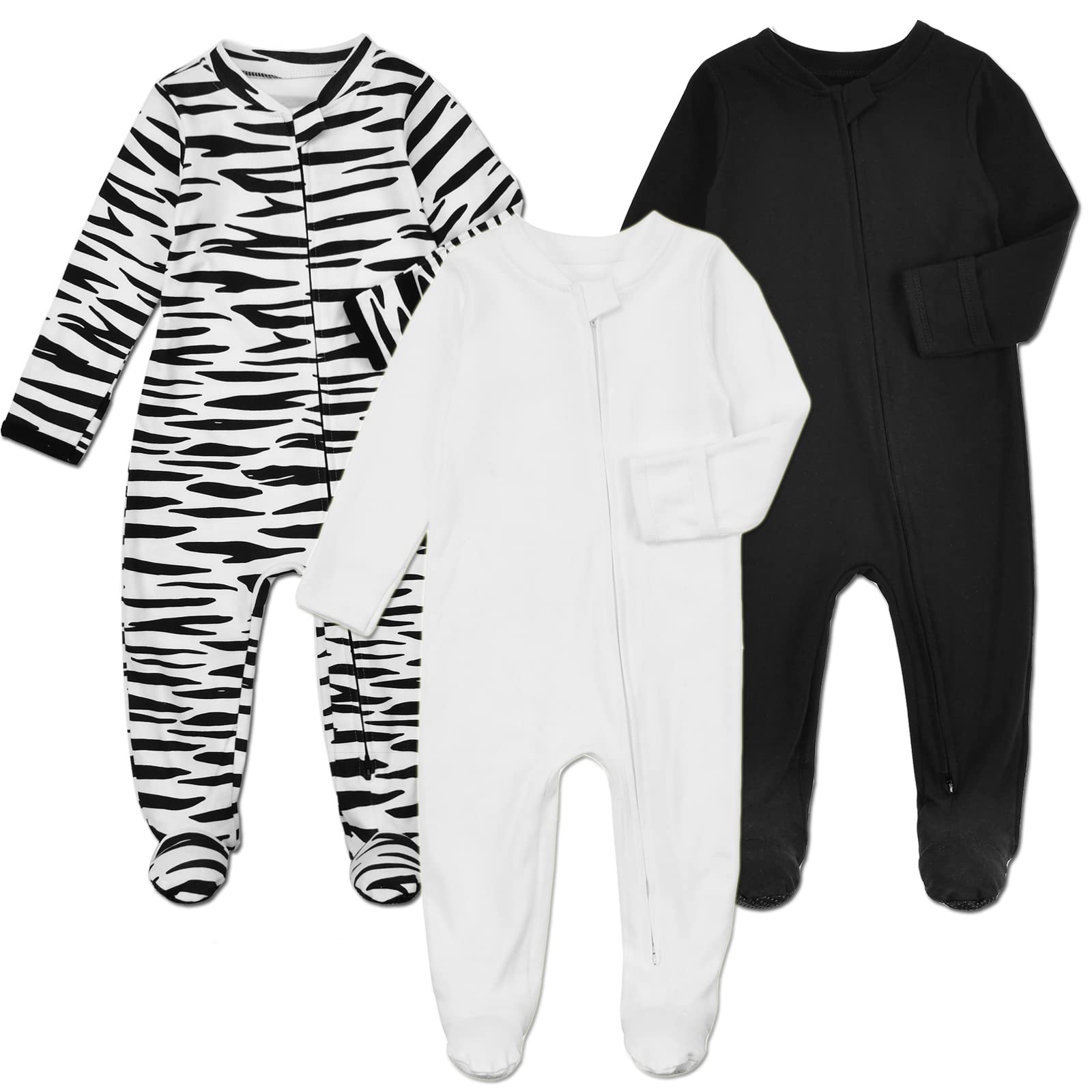 Aablexema Baby Footie Pajamas With Mittens - 3Pcs Infant Footed Sleeper Cotton Sleepwear Outfits(White/Black/Zebra, 0-3M)