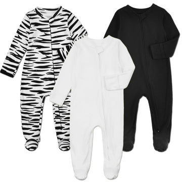 Aablexema Baby Footie Pajamas With Mittens - 3Pcs Infant Footed Sleeper Cotton Sleepwear Outfits(White/Black/Zebra, 0-3M)